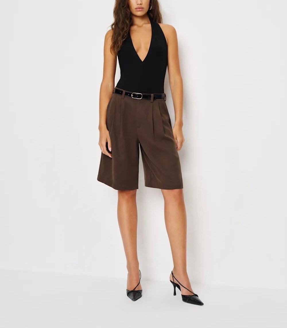 Reformation Chocolate Brown Pleated Bermuda Shorts